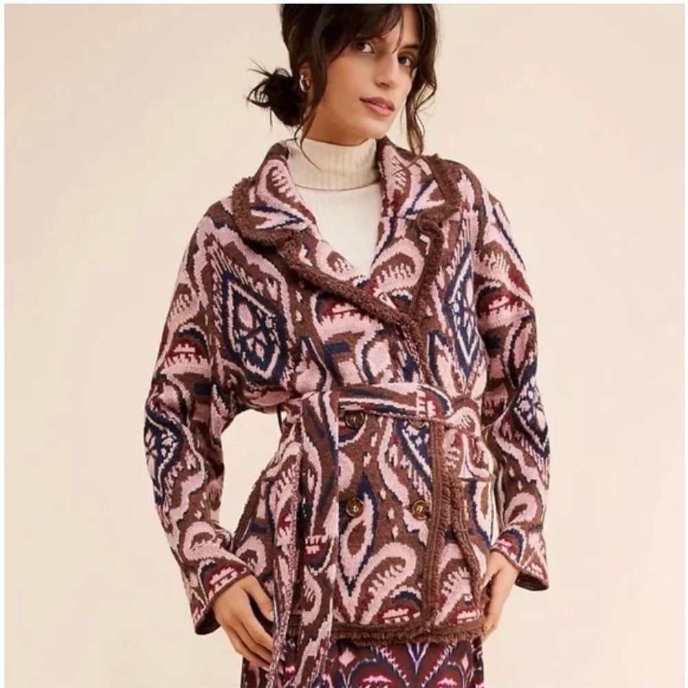 Farm Rio Pineapple Ikat Cardigan Sweater Jacket L Brown Pink Knit Belted Blazer